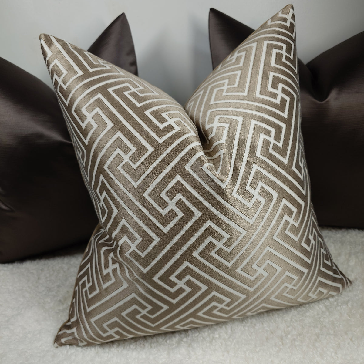 Greek Key in Linen Brown Cushion Cover Perfect Cushions UK