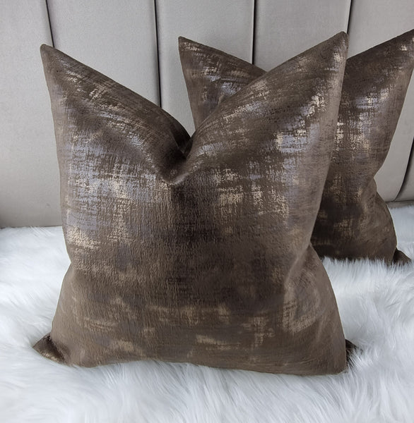 Milan in Chocolate Brown Gold Distressed look Velvet Cushion Cover