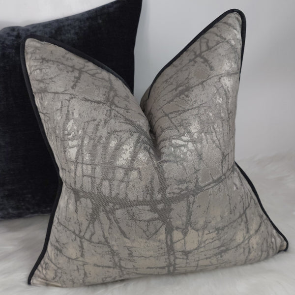 Black piped John Lewis Kyla Fabric cushion cover Silver/Grey Abstract Tile Design.