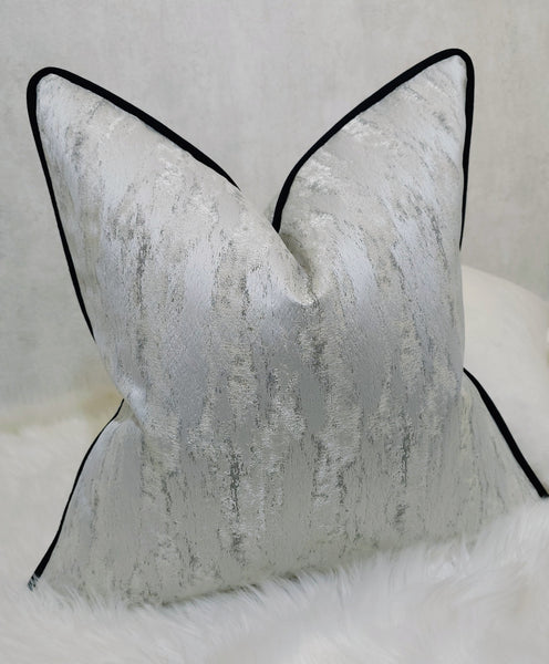 Silver Abstract Black Satin Piped Luxury Cushion Cover