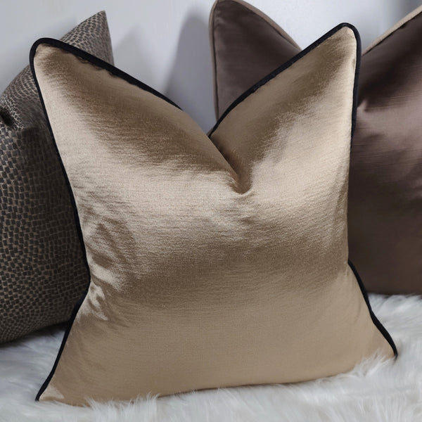 Luxury Champagne gold piped in Black Satin Luxury Cushion Cover