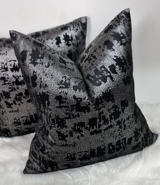Black Noir Mercury Fabric Cushion Cover with Silver Metallic Sparkle