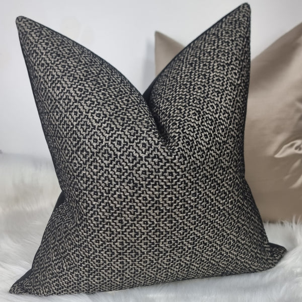 Linden Handmade Cushion Cover Black Charcoal Beige Geometric weave