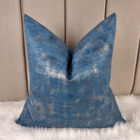 Milan in Azure Blue Gold Distressed look Velvet Cushion Cover