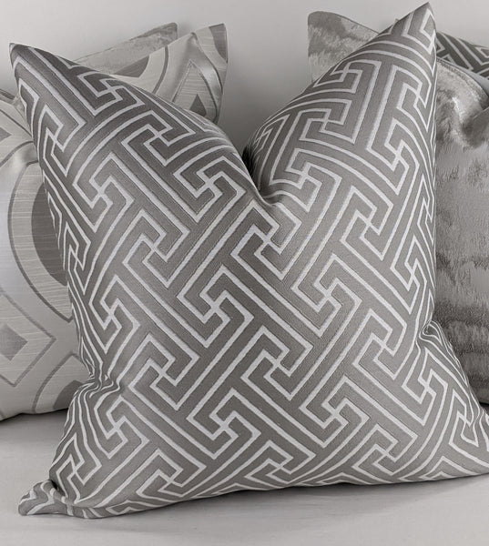 Greek Key Handmade Cushion Cover Double Sided Grey Silver
